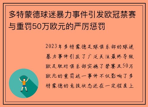 多特蒙德球迷暴力事件引发欧冠禁赛与重罚50万欧元的严厉惩罚