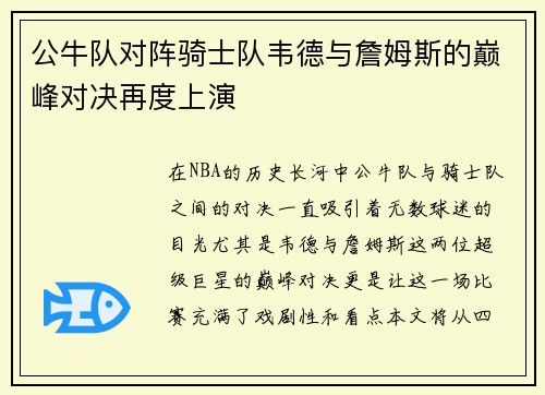公牛队对阵骑士队韦德与詹姆斯的巅峰对决再度上演