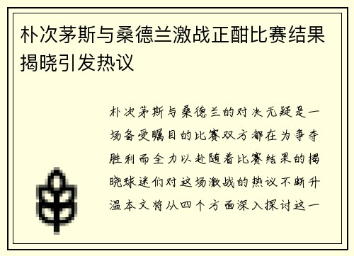 朴次茅斯与桑德兰激战正酣比赛结果揭晓引发热议