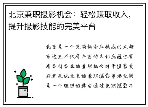 北京兼职摄影机会：轻松赚取收入，提升摄影技能的完美平台