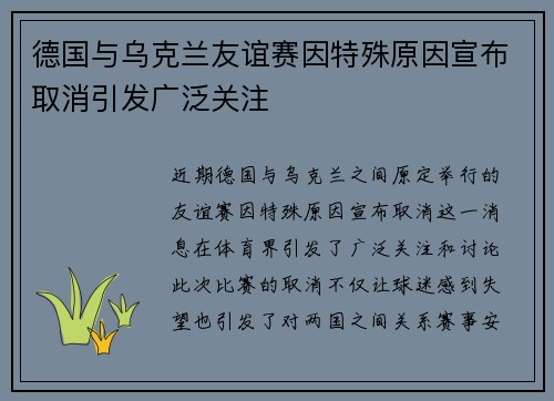 德国与乌克兰友谊赛因特殊原因宣布取消引发广泛关注