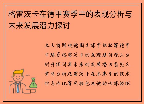 格雷茨卡在德甲赛季中的表现分析与未来发展潜力探讨