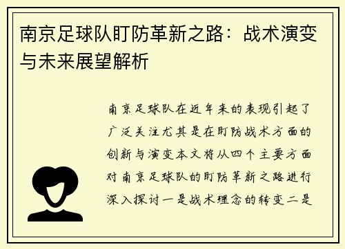 南京足球队盯防革新之路：战术演变与未来展望解析