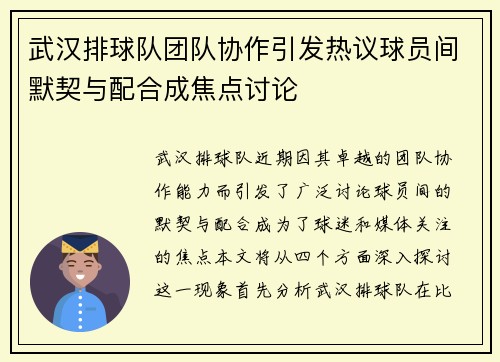 武汉排球队团队协作引发热议球员间默契与配合成焦点讨论