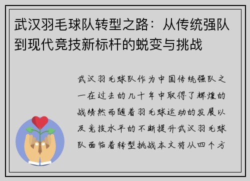 武汉羽毛球队转型之路：从传统强队到现代竞技新标杆的蜕变与挑战