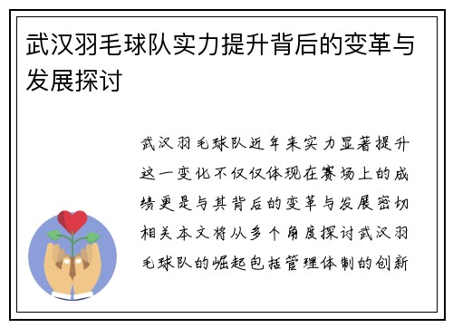 武汉羽毛球队实力提升背后的变革与发展探讨